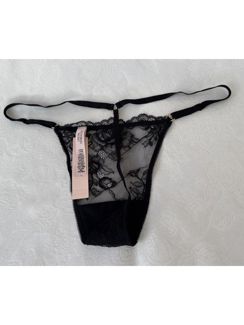 VICTORIA'S SECRET M BLACK GOLD TRIM LACE V STRING STRAPPY THONG PANTIES NWT
